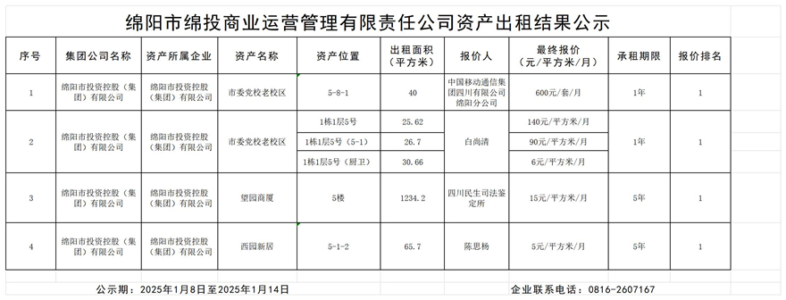 绵阳市易游 （中国版权）官方网站商业运营管理有限责任公司资产出租结果公示_结果公示模板