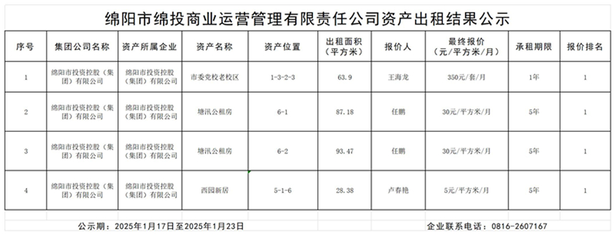 绵阳市易游 （中国版权）官方网站商业运营管理有限责任公司资产出租结果公示_结果公示模板